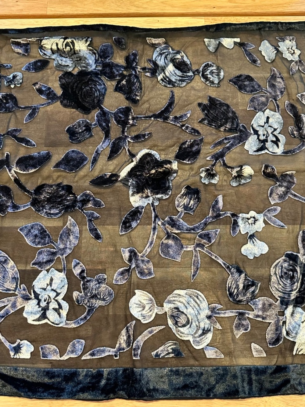 Vintage Blue Gray Silver Floral Flocked Fringe Scarf-100% Silk